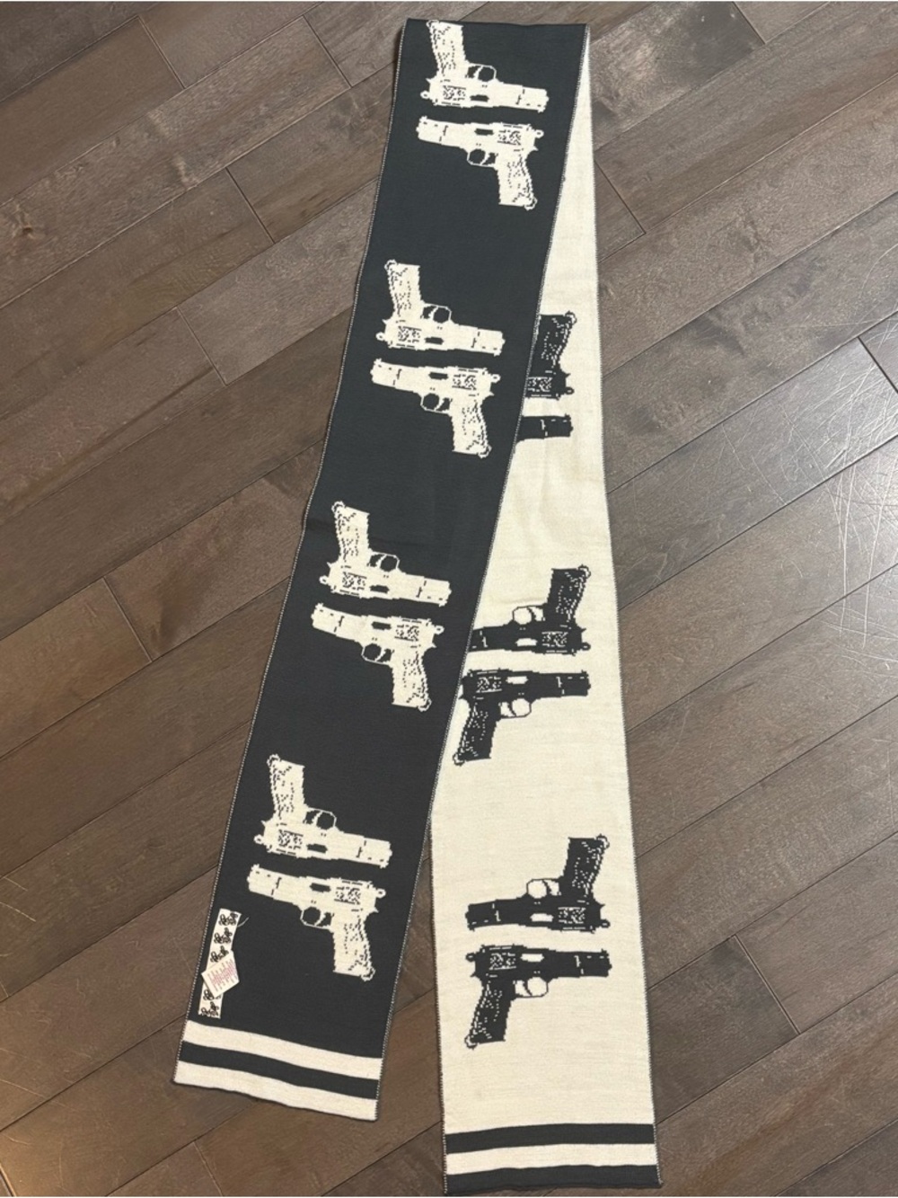 Character Hero Graphic Gun Scarf Black Cream Knit Wool Blend NWOT